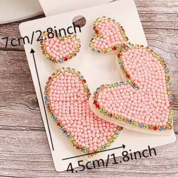 NWT Bohemian Style Pink Beaded Heart Earrings, Valentine’s Day - Picture 4 of 4